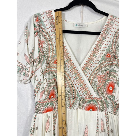 Lapogee Women White Paisley Floral Print Maxi Wrap Dress Size L Rayon Boho - Picture 9 of 11